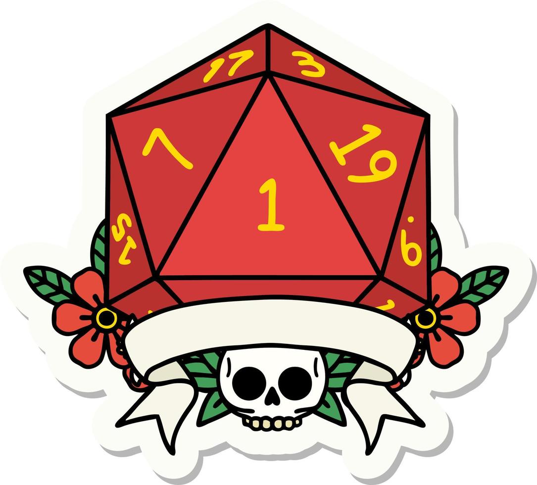 sticker of a natural one d20 dice roll vector