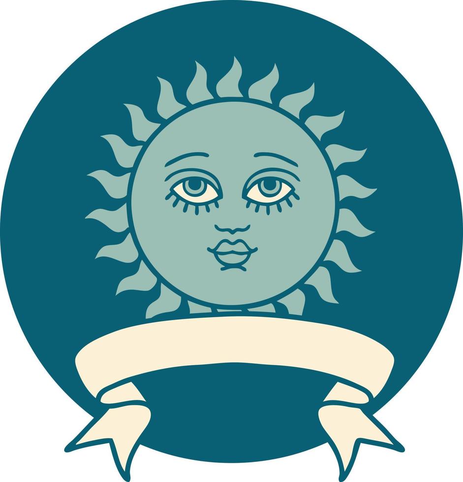 tattoo style icon with banner of a sun with face vector