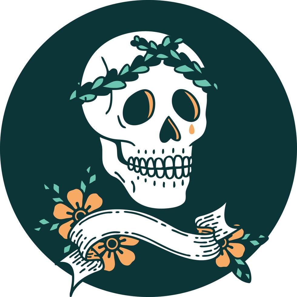 icono de estilo tatuaje con pancarta de una calavera con corona de corona de laurel vector