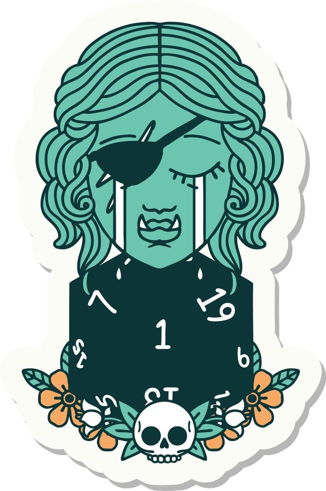sticker of a crying half orc rogue character with natural one D20 roll vector