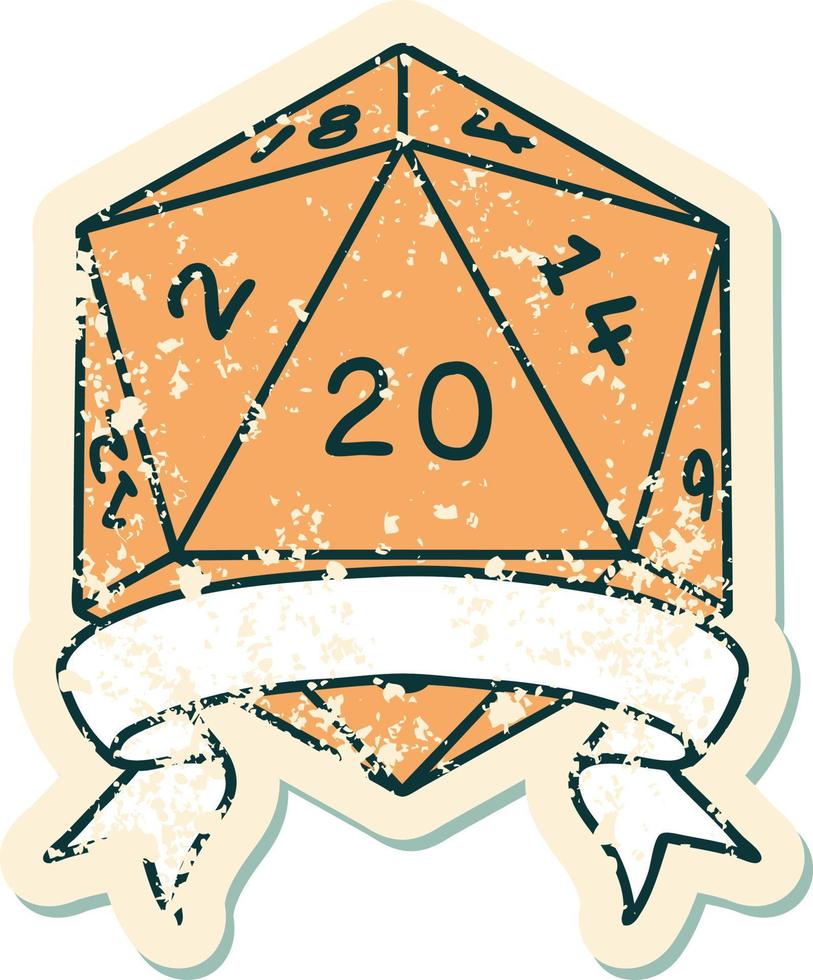 Retro Tattoo Style natural 20 critical hit D20 dice roll vector