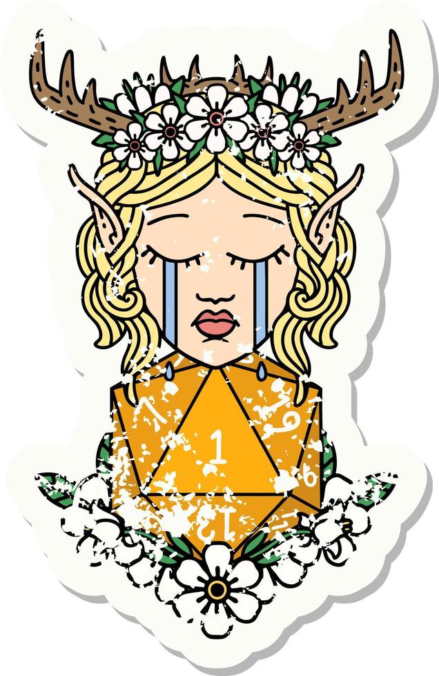 grunge sticker of a crying elf druid character face with natural one D20 roll vector