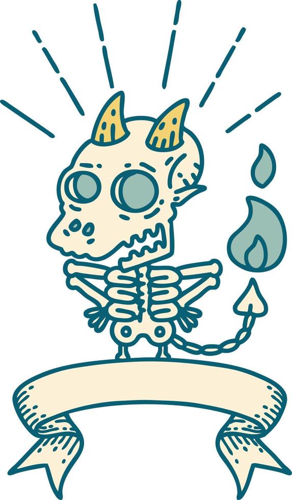 scroll banner with tattoo style skeleton demon character vector