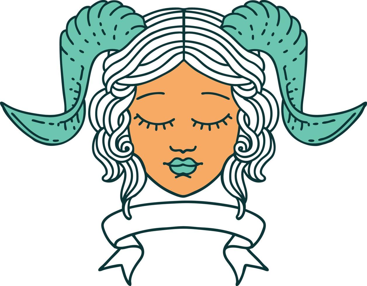 Retro Tattoo Style tiefling character face with scroll banner vector