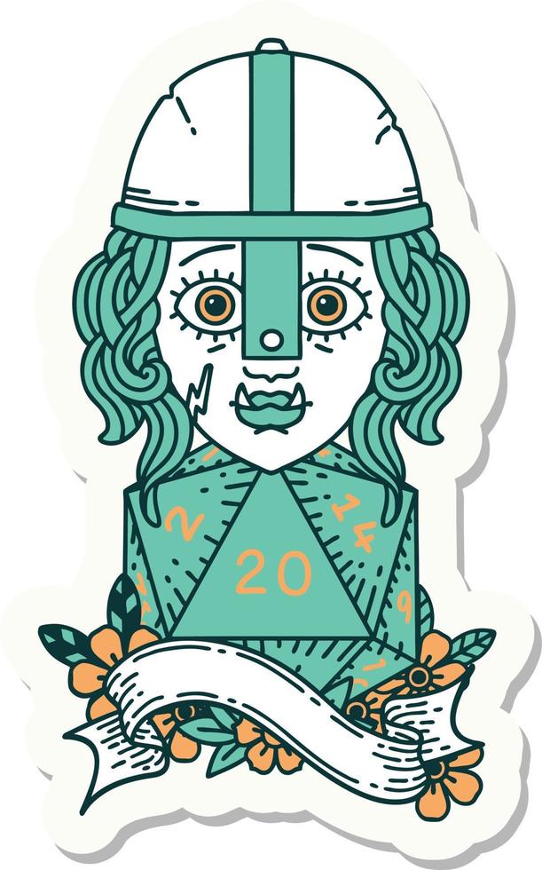 sticker of a half orc fighter with natural 20 dice roll vector