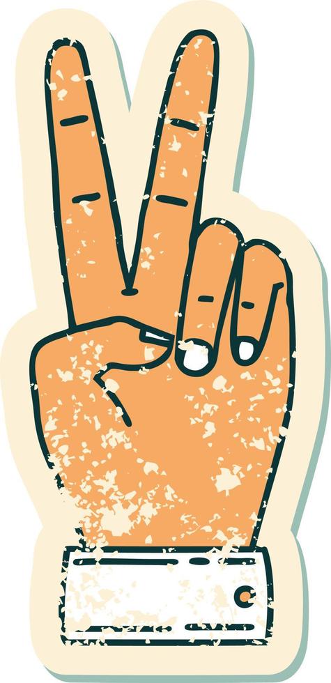 grunge sticker of a peace symbol two finger hand gesture vector