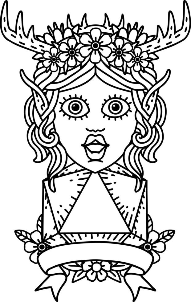 Black and White Tattoo linework Style elf druid character with natural 20 dice roll vector