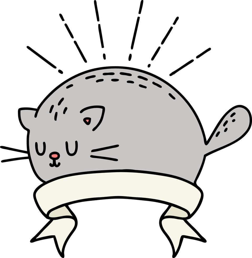 scroll banner with tattoo style happy cat vector