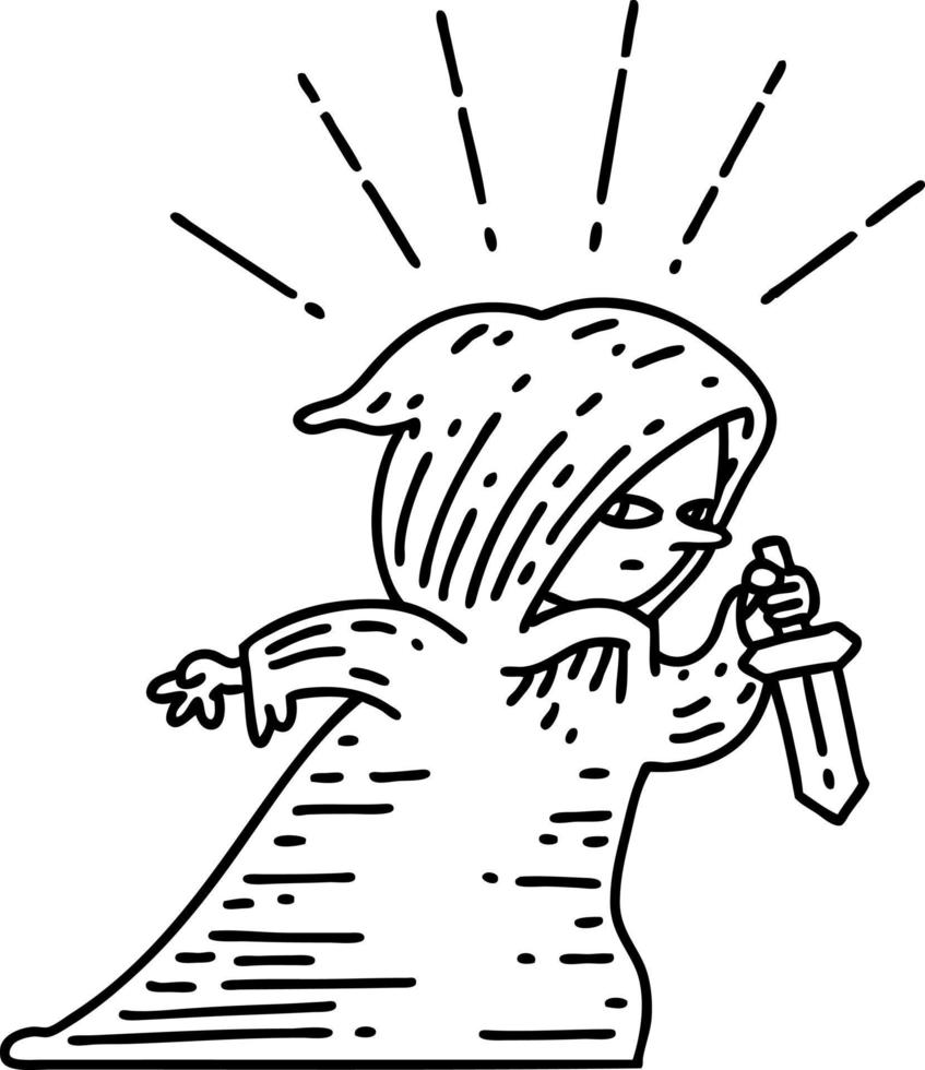 illustration of a traditional black line work tattoo style assassin with knife vector