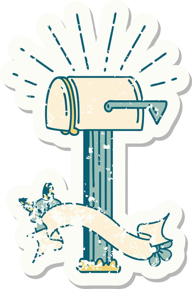 worn old sticker of a tattoo style closed mailbox vector
