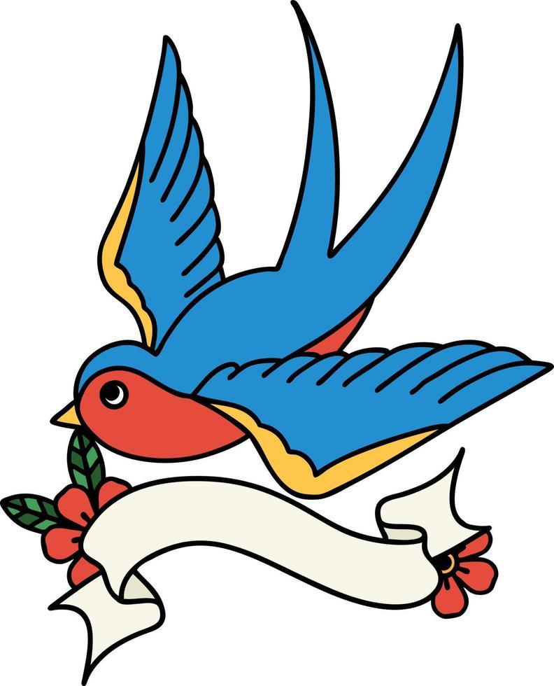 tatuaje tradicional con pancarta de golondrina vector