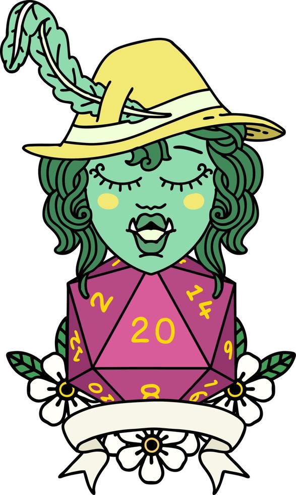 Retro Tattoo Style half orc bard with natural 20 dice roll vector