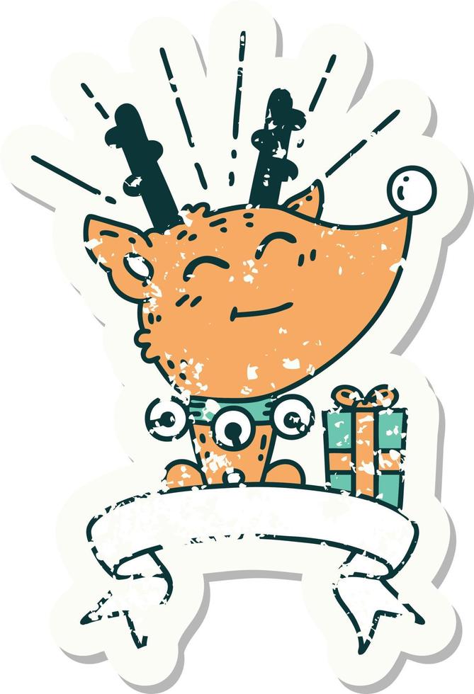 worn old sticker of a tattoo style christmas reindeer with present vector