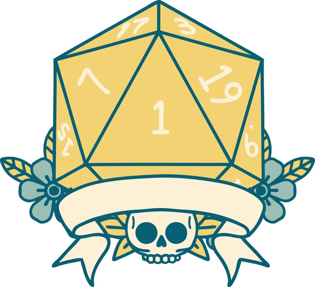 Retro Tattoo Style natural one d20 dice roll vector