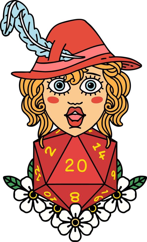 Retro Tattoo Style human bard with natural 20 dice roll vector