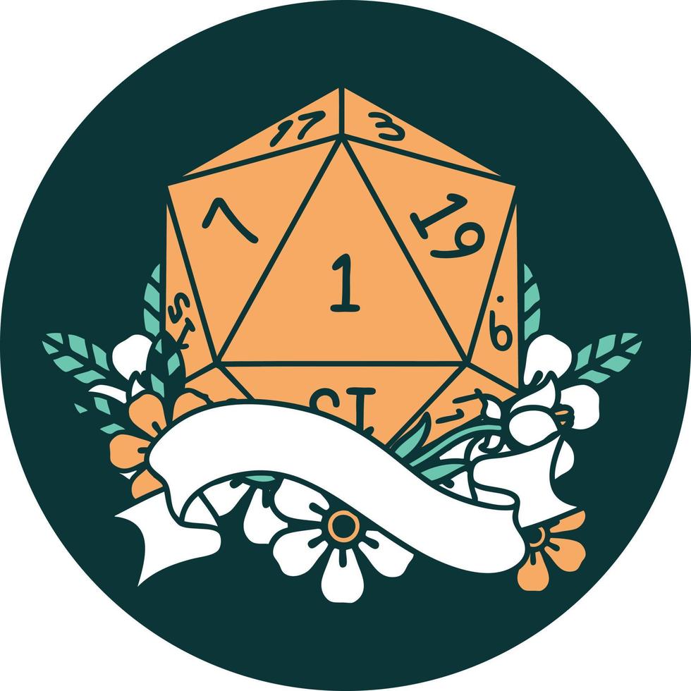 icon of natural one d20 dice roll vector