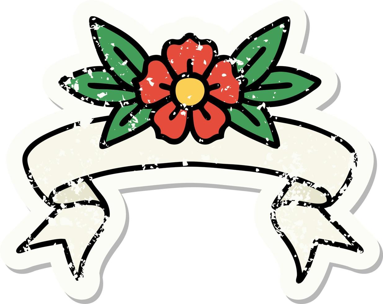 worn old sticker with banner of a flower vector