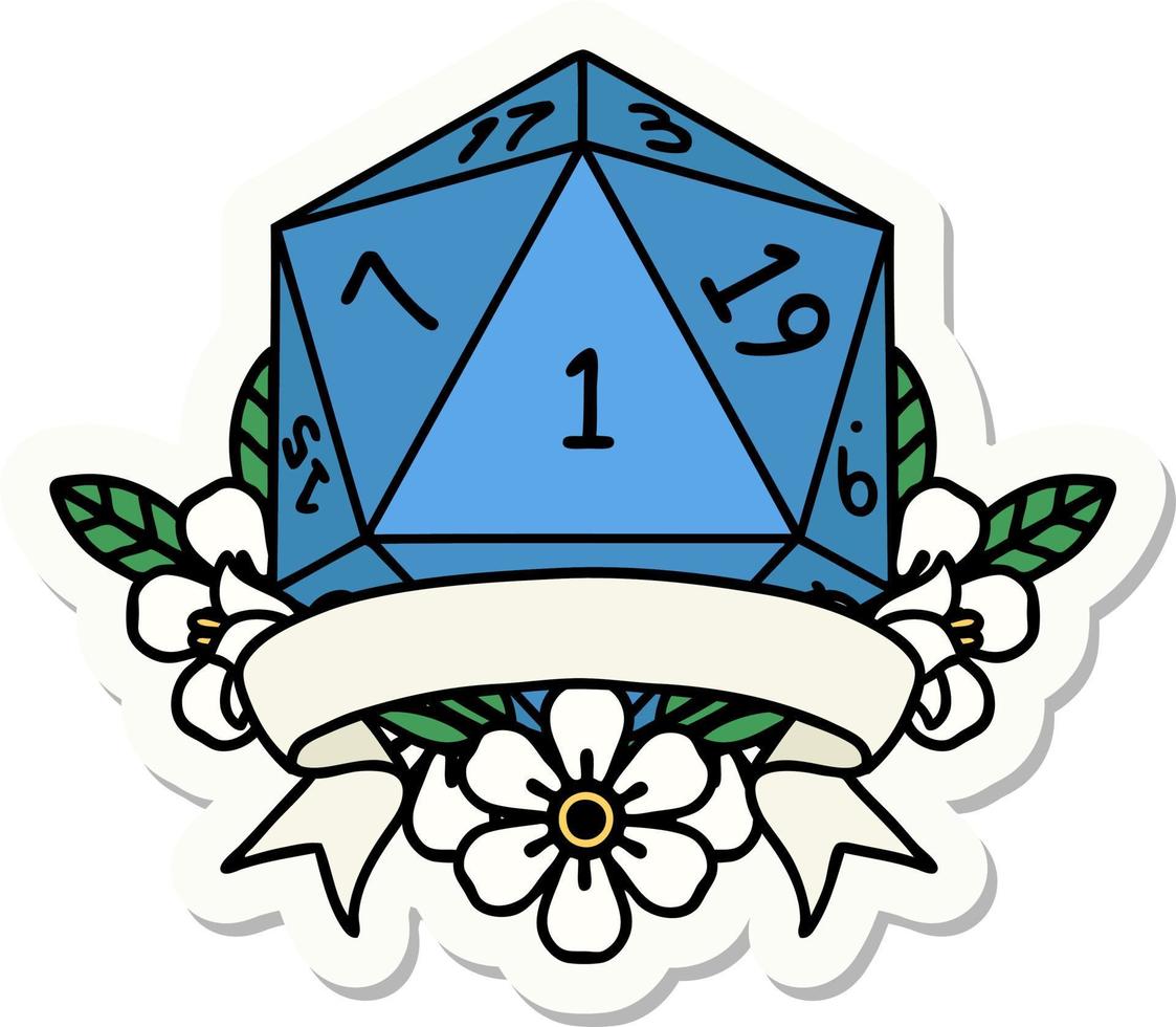 sticker of a natural one d20 dice roll vector