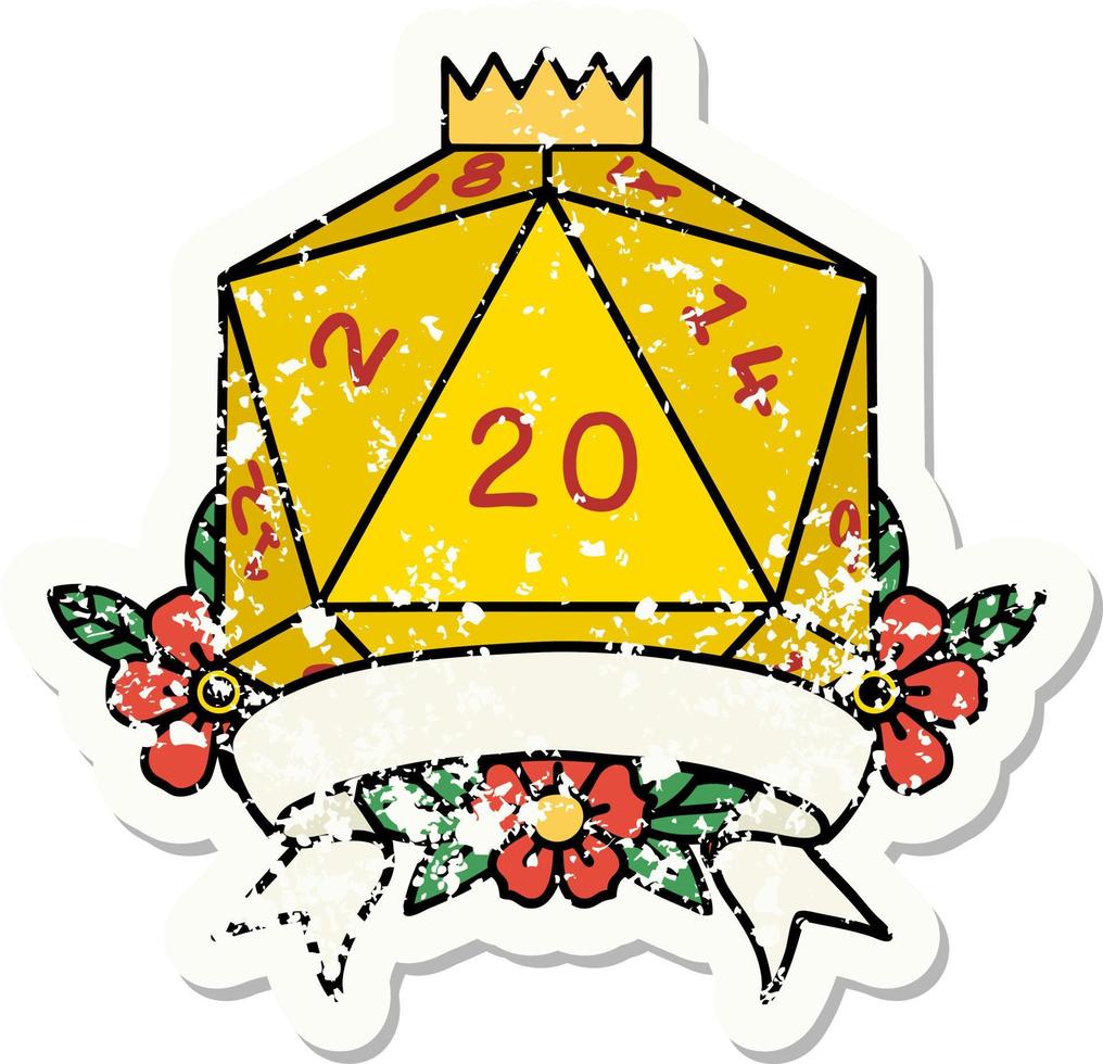 grunge sticker of a natural 20 critical hit D20 dice roll vector