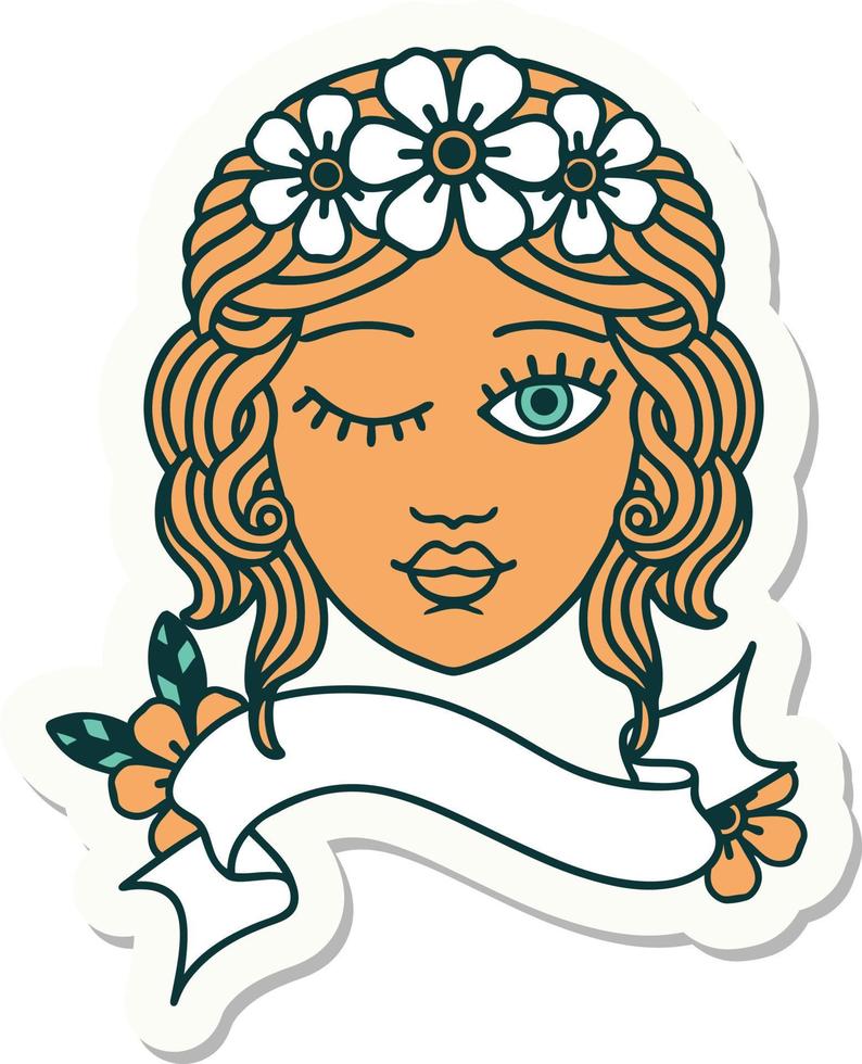 tattoo style sticker with banner of a maidens face winking vector
