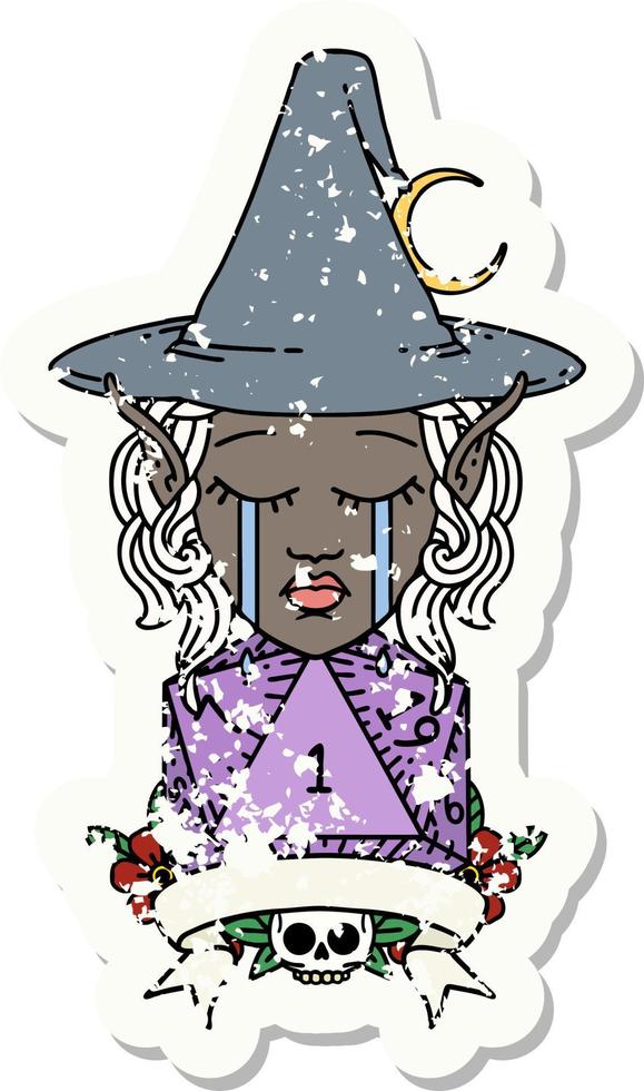 Retro Tattoo Style crying elf mage character with natural one dice roll vector