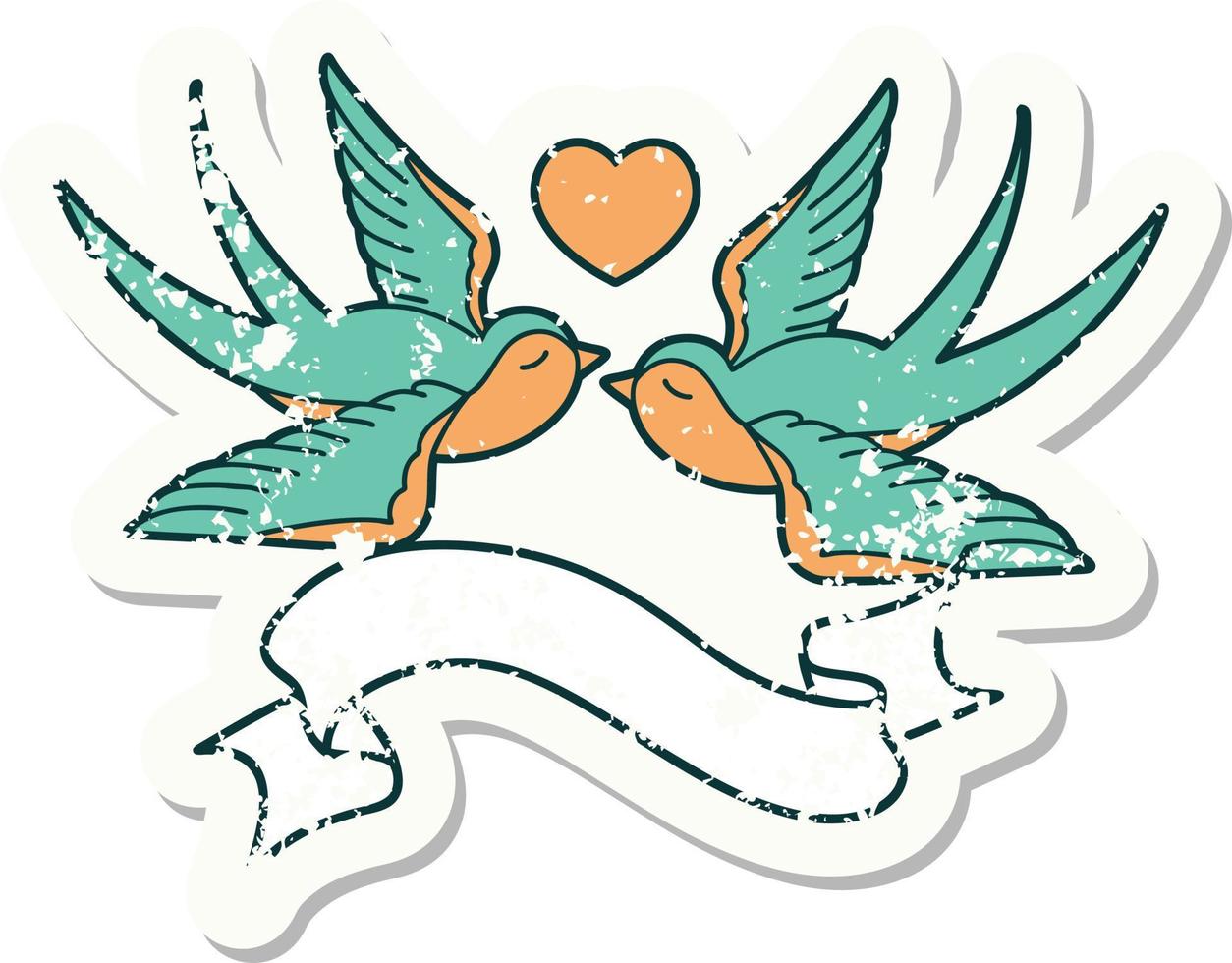 worn old sticker with banner of swallows and a heart vector