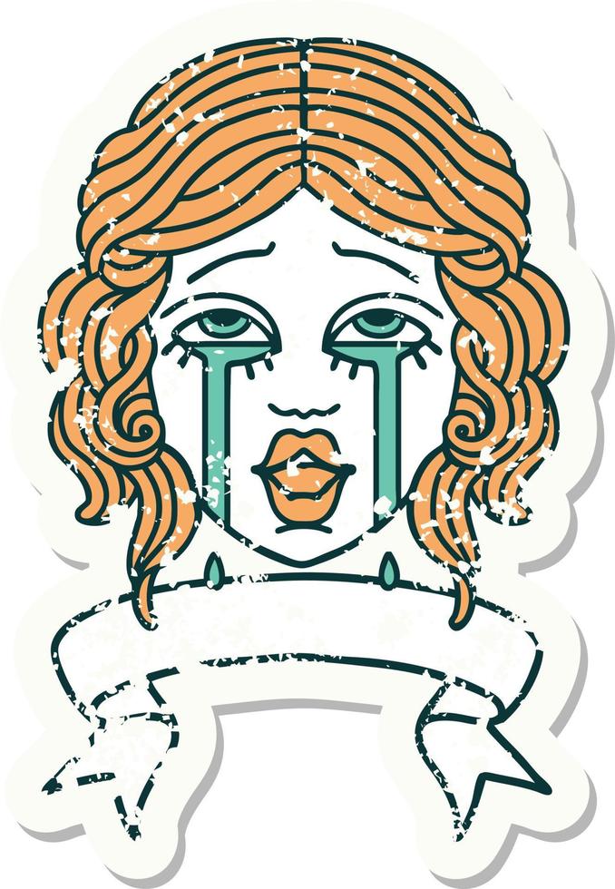 worn old sticker with banner of a very happy crying female face vector