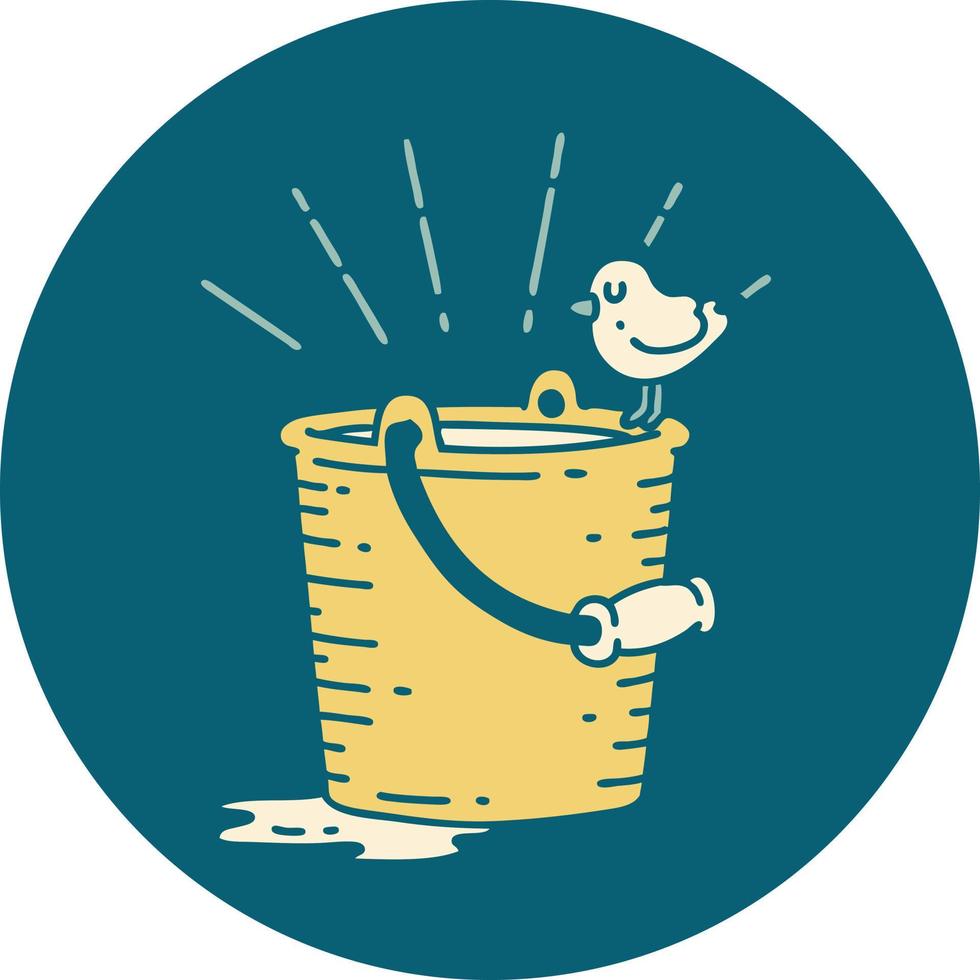 icon of a tattoo style bird perched on bucket of water vector