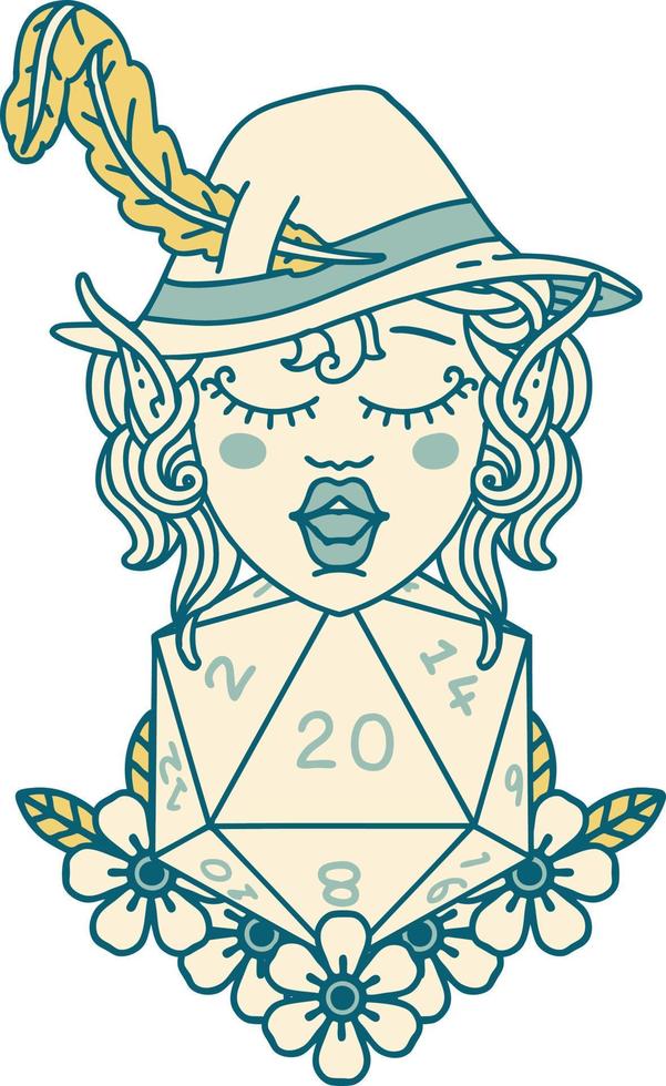 Retro Tattoo Style elf bard character with natural twenty dice roll vector