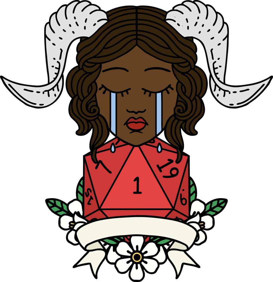 Retro Tattoo Style crying tiefling with natural one D20 dice roll vector
