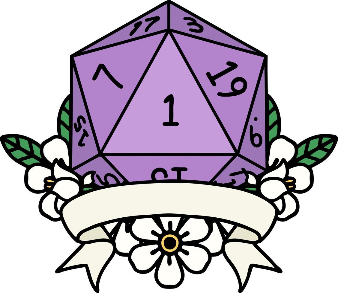 Retro Tattoo Style natural one d20 dice roll vector