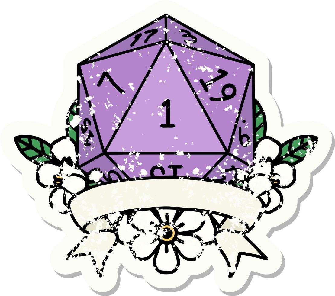 grunge sticker of a natural one d20 dice roll vector