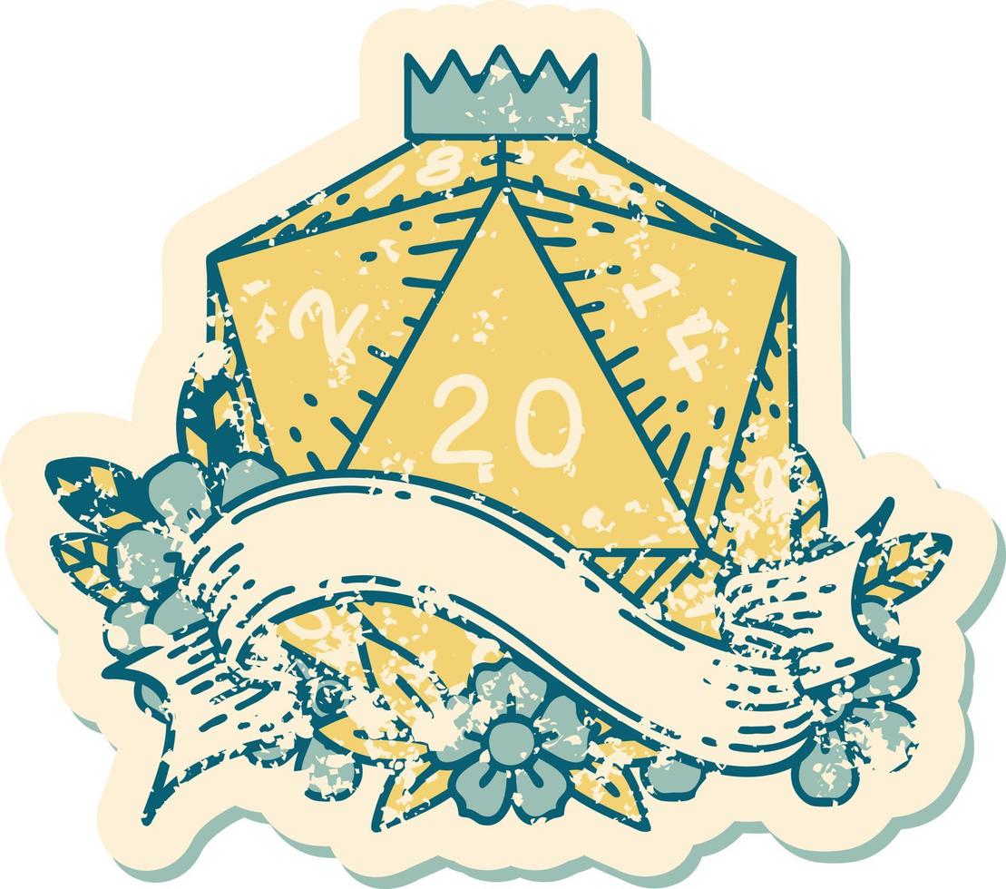 Retro Tattoo Style natural twenty D20 dice roll vector