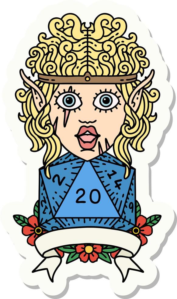 sticker of a elf barbarian character with natural twenty dice roll vector