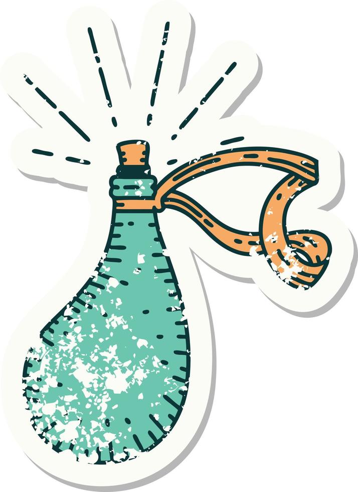 worn old sticker of a tattoo style old leather water flask vector