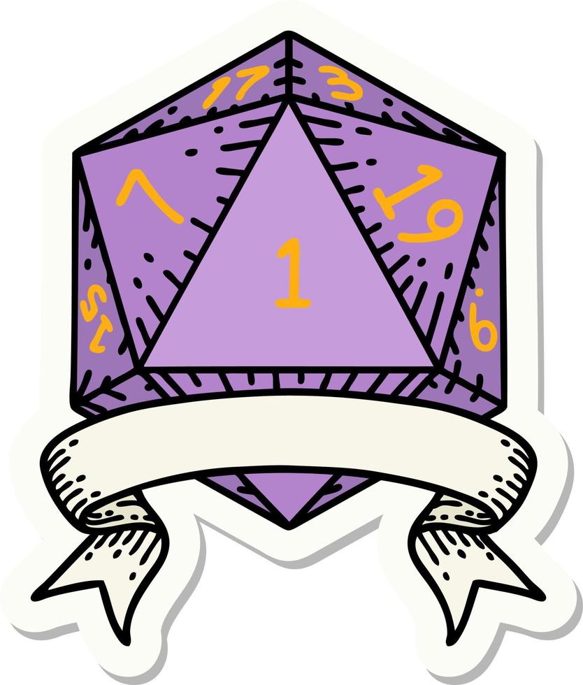 sticker of a natural one d20 dice roll vector