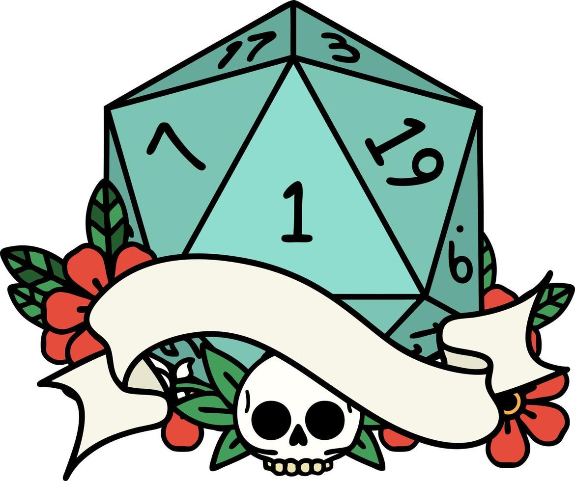 Retro Tattoo Style natural one d20 dice roll vector