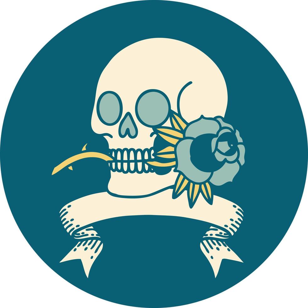 tattoo style icon with banner of a skull and rose vector