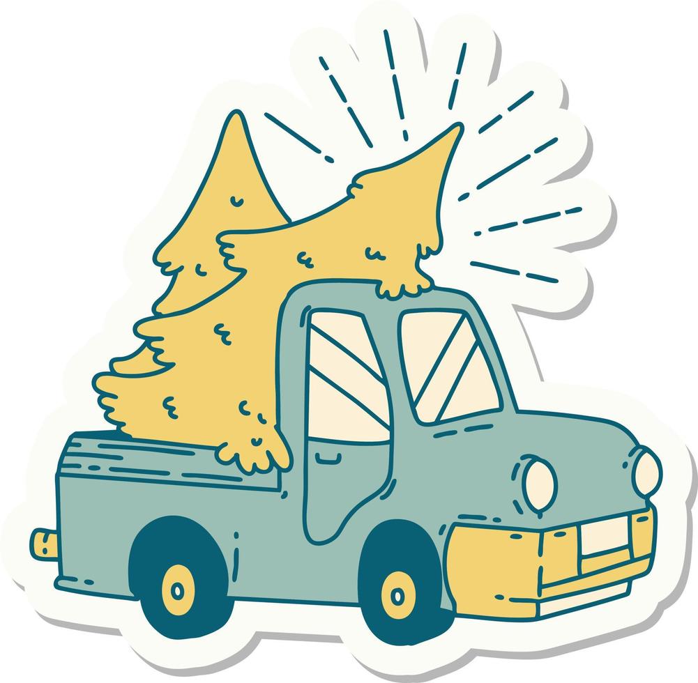 sticker of a tattoo style truck carrying trees vector