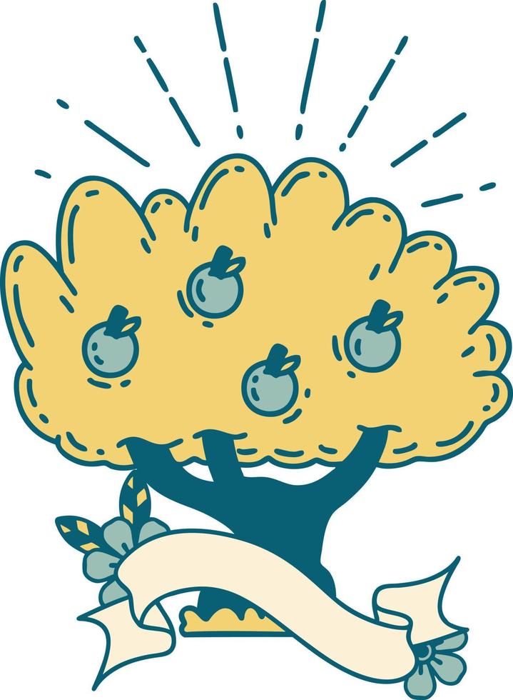 scroll banner with tattoo style apple tree vector
