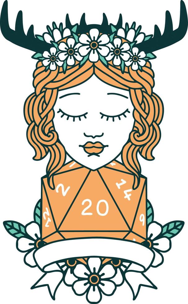 Retro Tattoo Style human druid with natural twenty roll vector