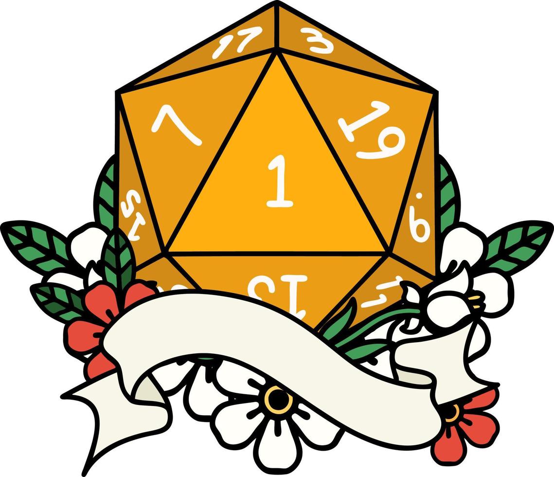 Retro Tattoo Style natural one d20 dice roll vector