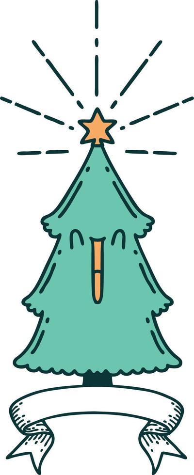 banner de desplazamiento con árbol de navidad estilo tatuaje con estrella vector