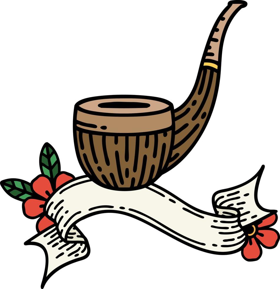 traditional tattoo with banner of a smokers pipe vector