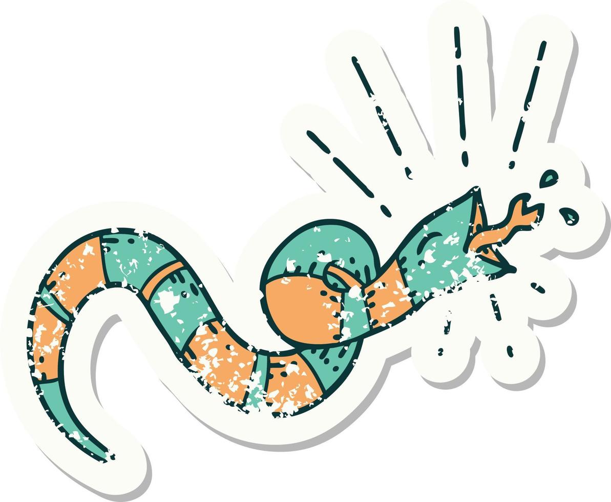 worn old sticker of a tattoo style hissing snake vector