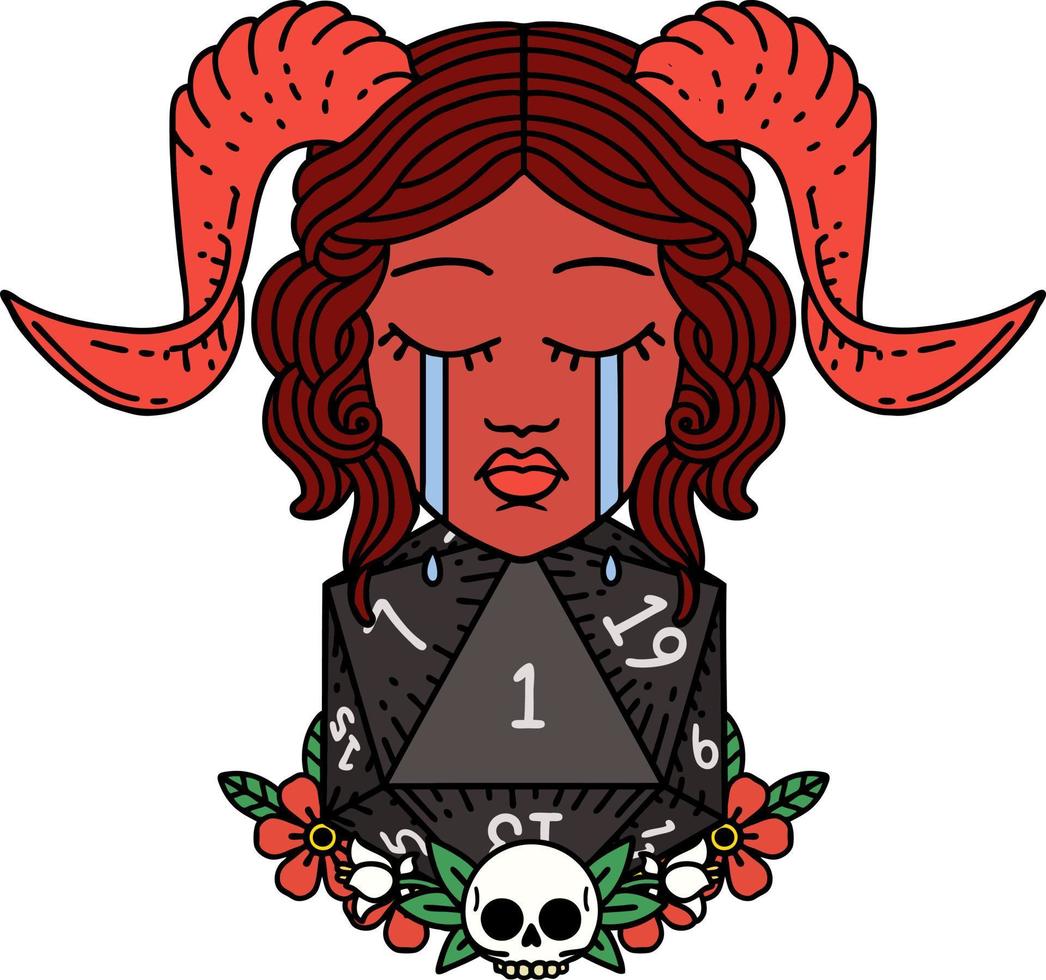 Retro Tattoo Style crying tiefling character with natural one D20 dice roll vector