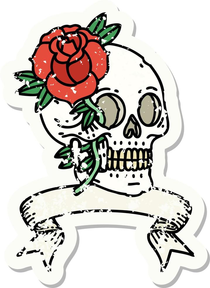 worn old sticker with banner of a skull and rose vector