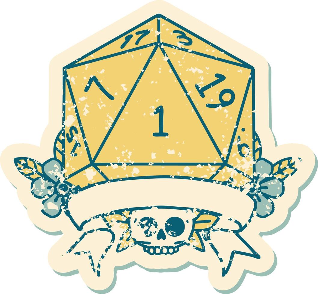Retro Tattoo Style natural one d20 dice roll vector
