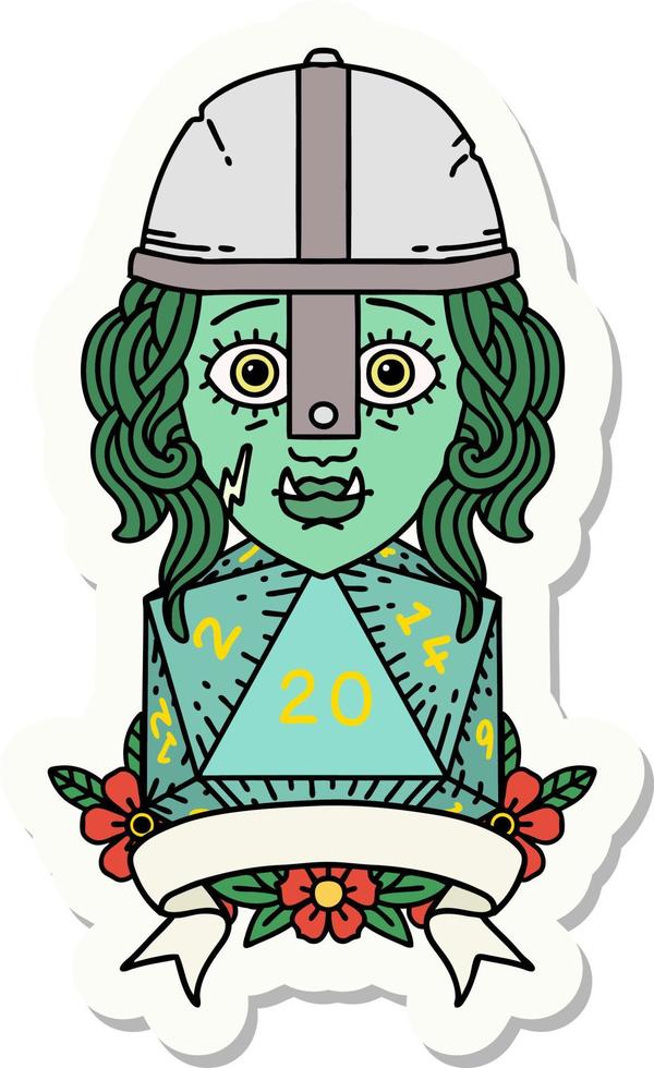 sticker of a half orc fighter with natural twenty dice roll vector