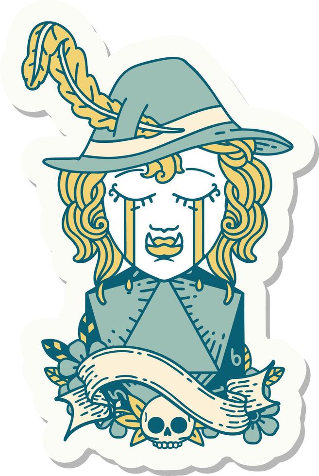 sticker of a crying orc bard character with natural one D20 roll vector